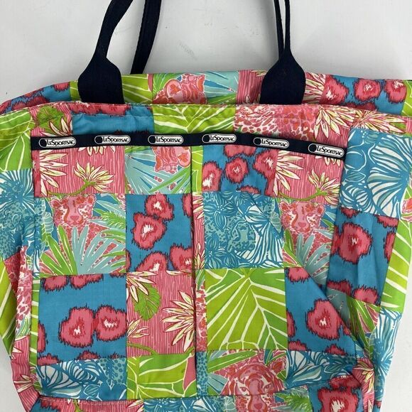 LeSportsSac Lilly Pulitzer Tote Bag Blue Pink Puurrr-fect Patch Handles Zip Top - Picture 2 of 8